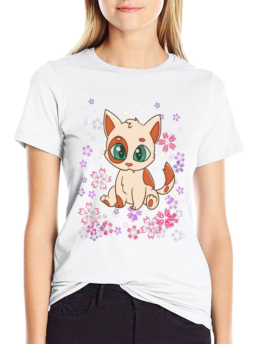 Cute Anime Cat Floral T-Shirt