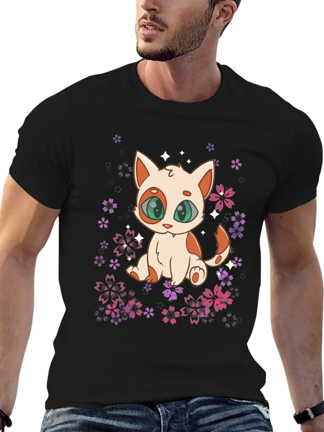 Cute Anime Cat Floral T-Shirt