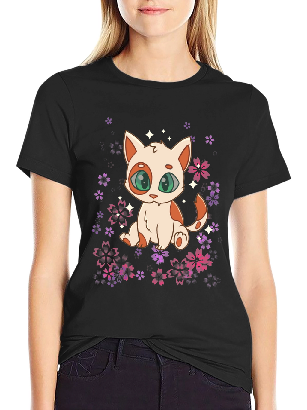 Cute Anime Cat Floral T-Shirt