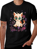 Cute Anime Cat Floral T-Shirt