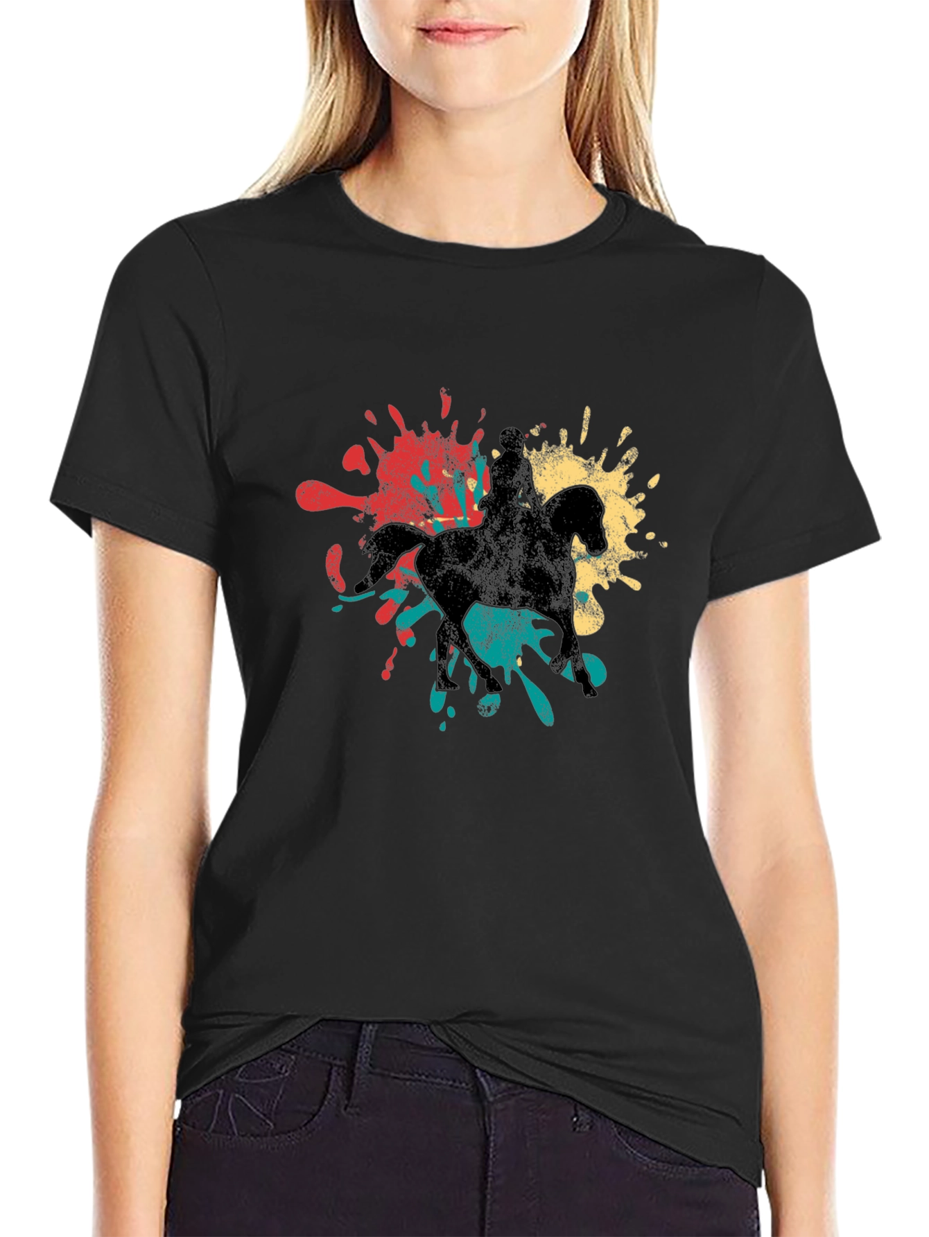 Retro Horse Rider Splash Graphic Tee - Black Cotton T-Shirt