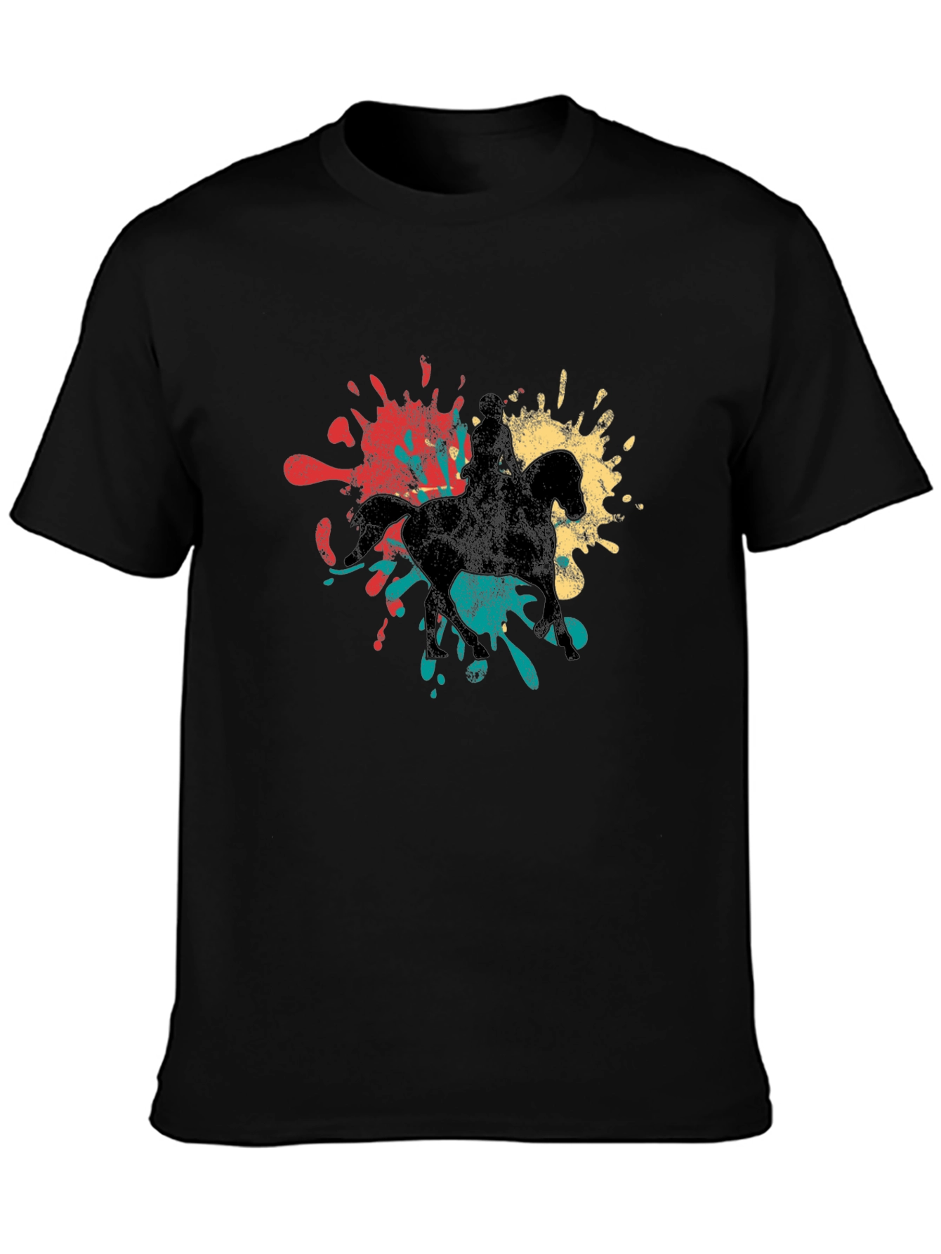 Retro Horse Rider Splash Graphic Tee - Black Cotton T-Shirt