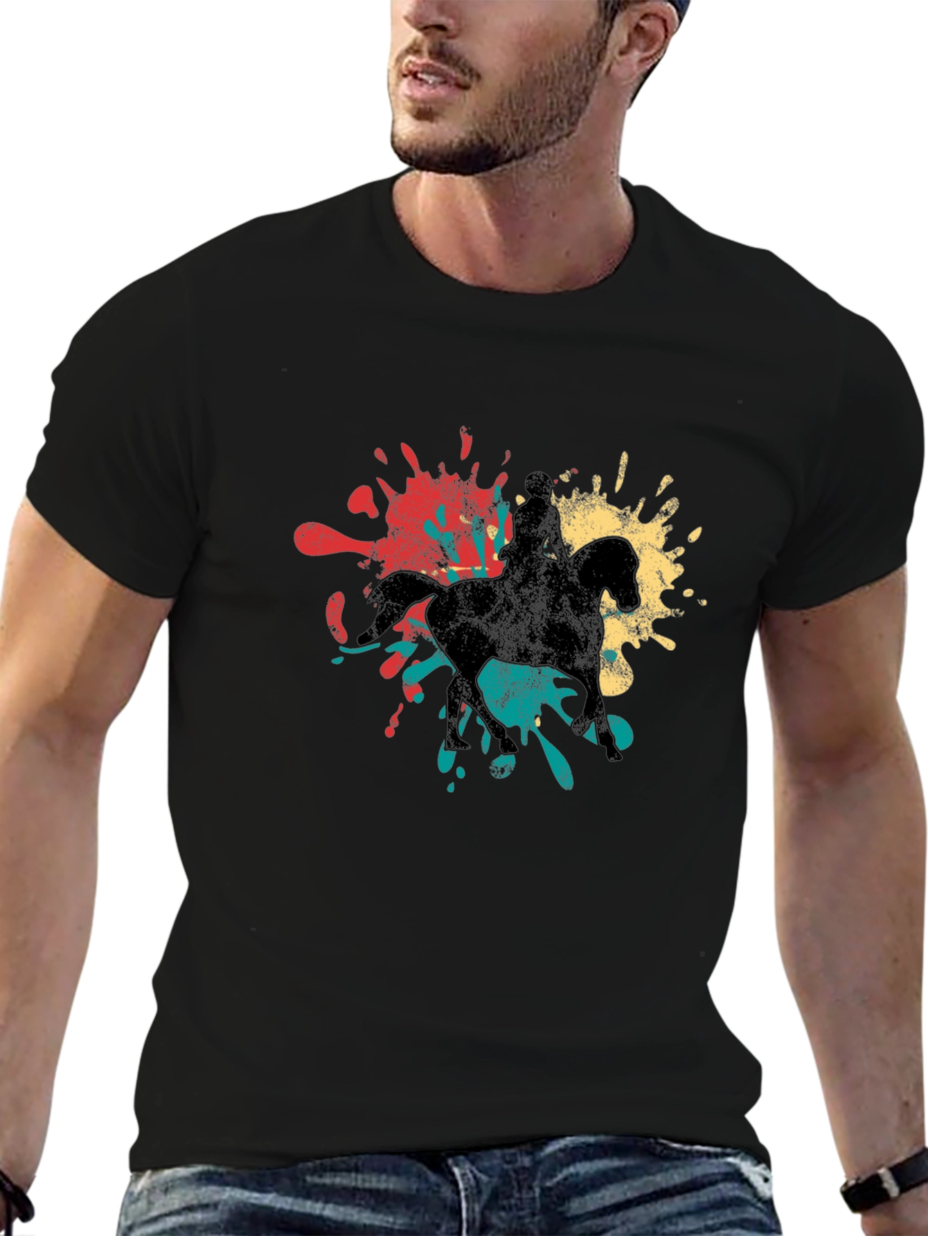 Retro Horse Rider Splash Graphic Tee - Black Cotton T-Shirt