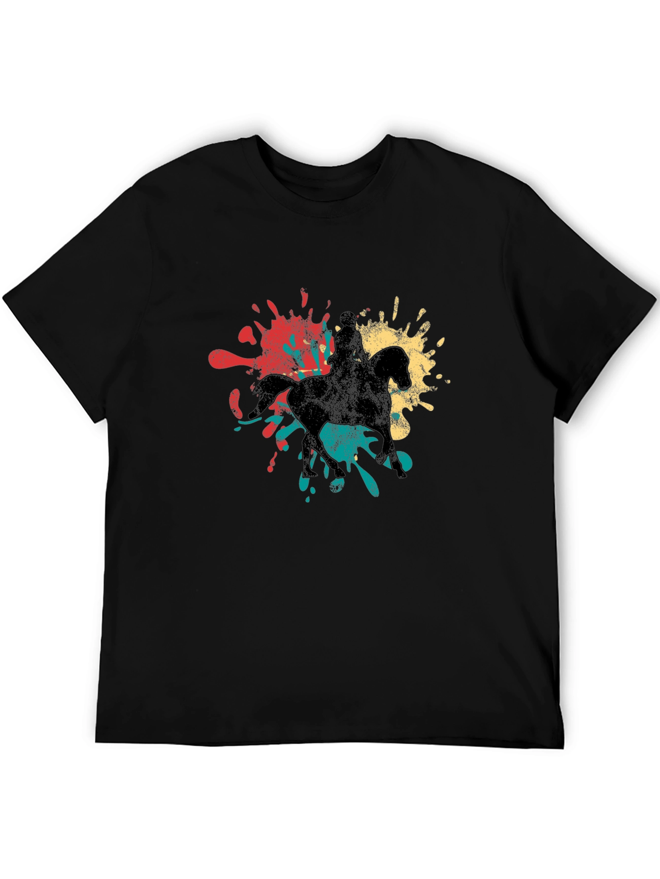 Retro Horse Rider Splash Graphic Tee - Black Cotton T-Shirt