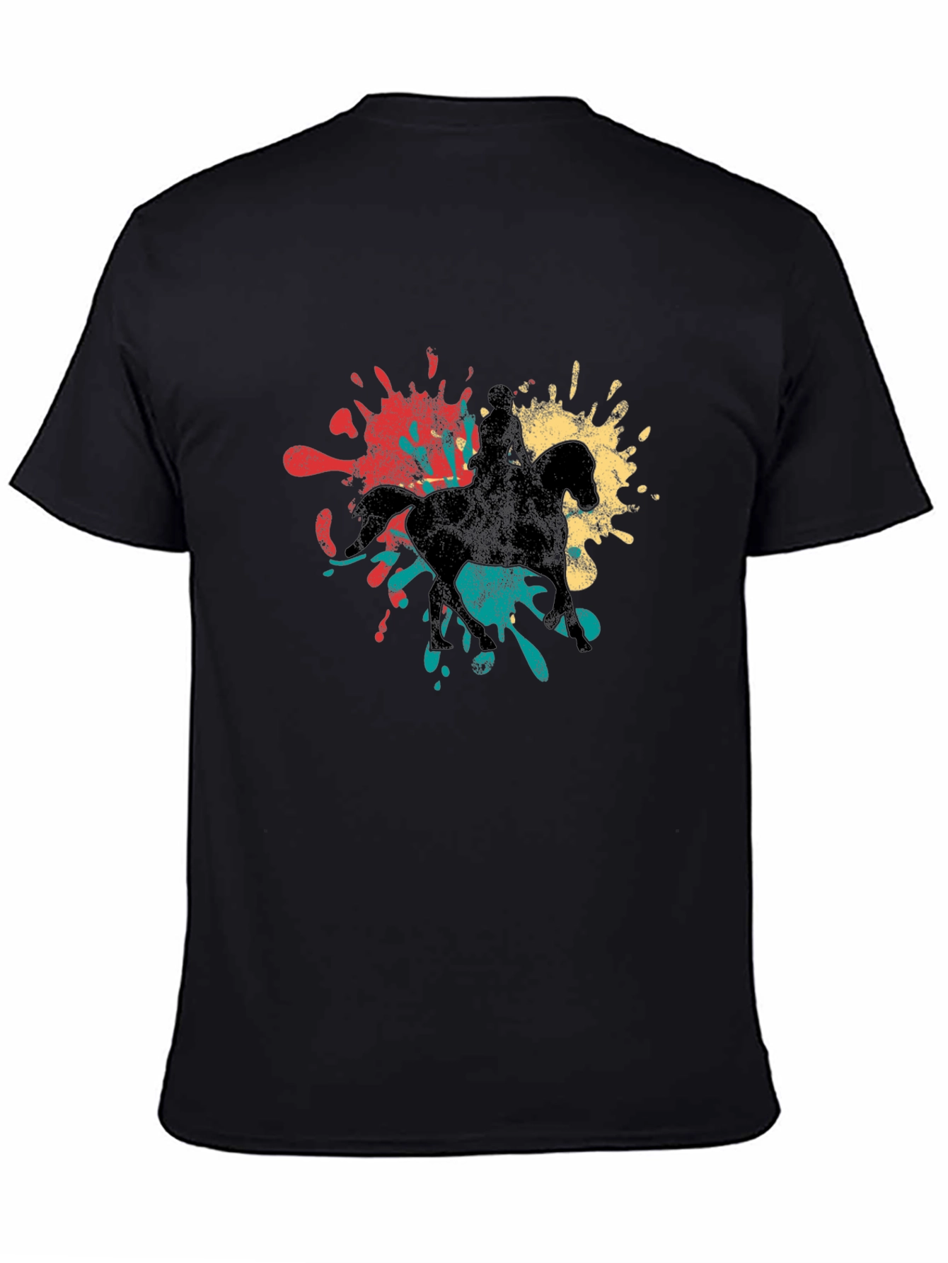 Retro Horse Rider Splash Graphic Tee - Black Cotton T-Shirt