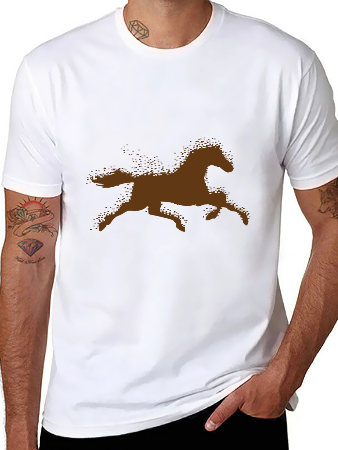 Brown Horse Silhouette Black Cotton T-Shirt