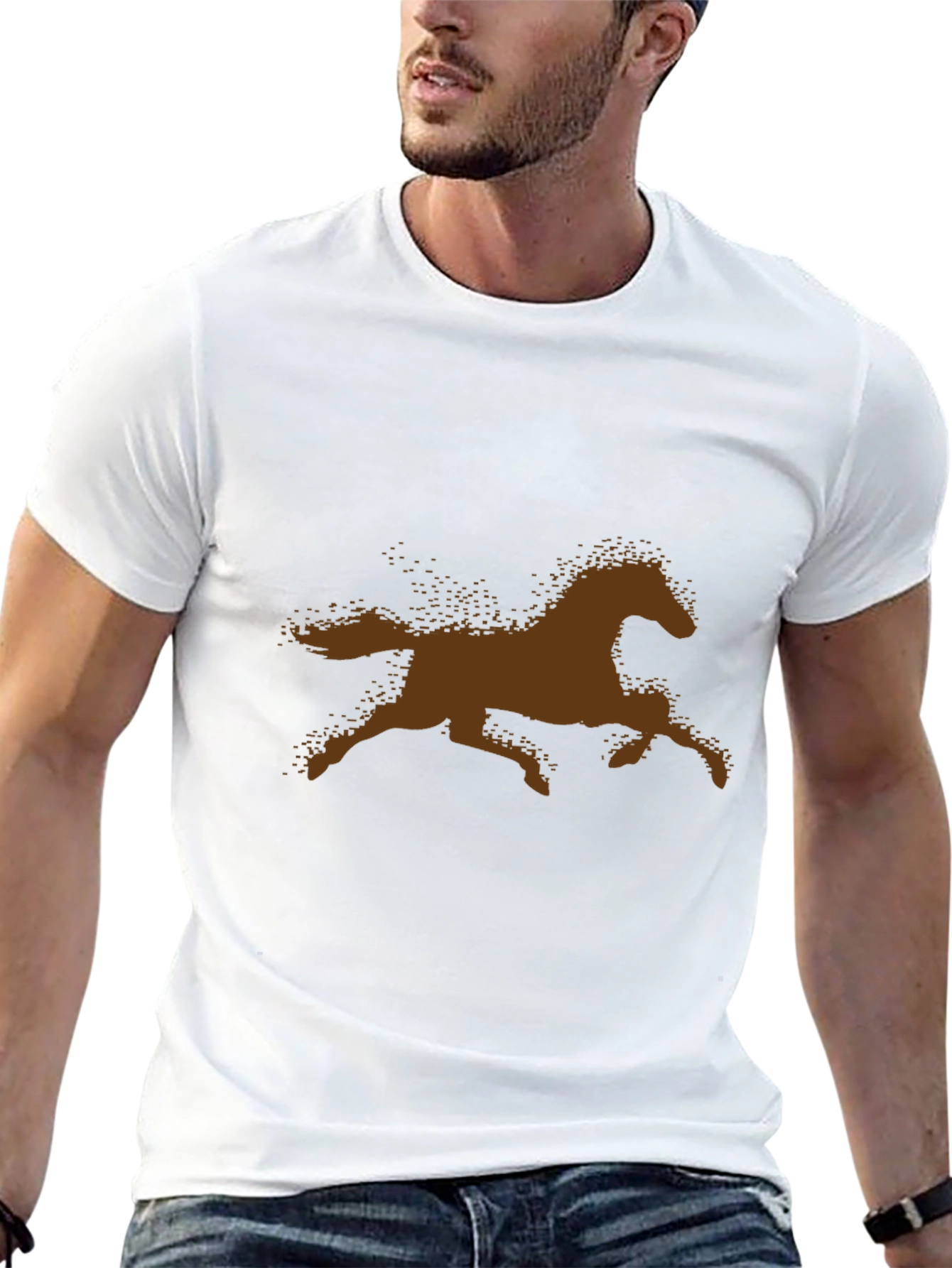 Brown Horse Silhouette Black Cotton T-Shirt