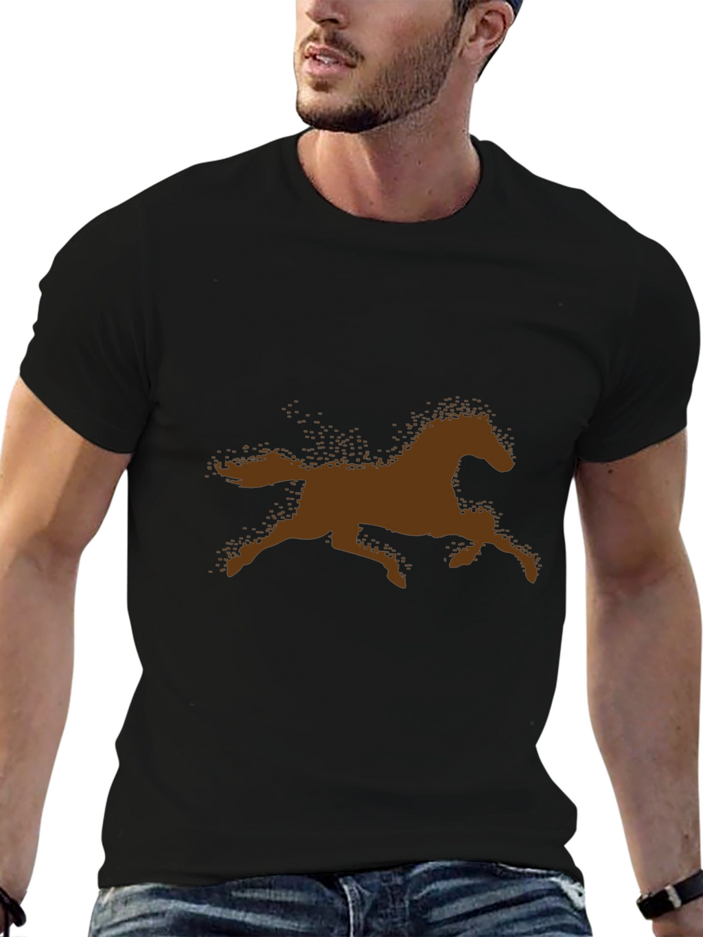 Brown Horse Silhouette Black Cotton T-Shirt