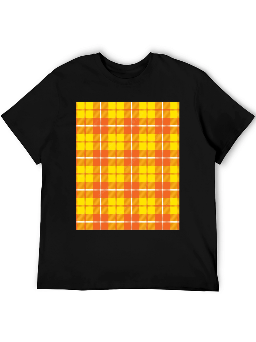 Mens Black Tee with Orange Plaid Design
