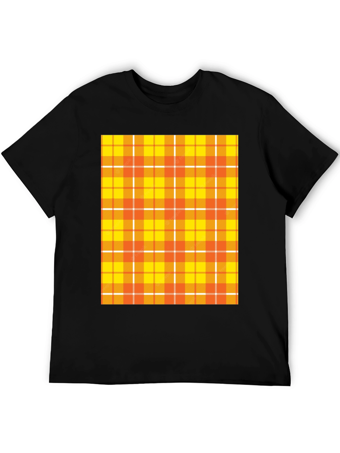 Mens Black Tee with Orange Plaid Design
