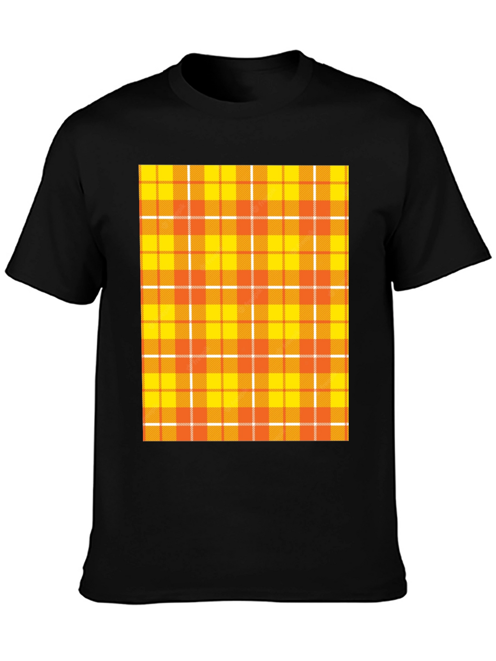 Mens Black Tee with Orange Plaid Design