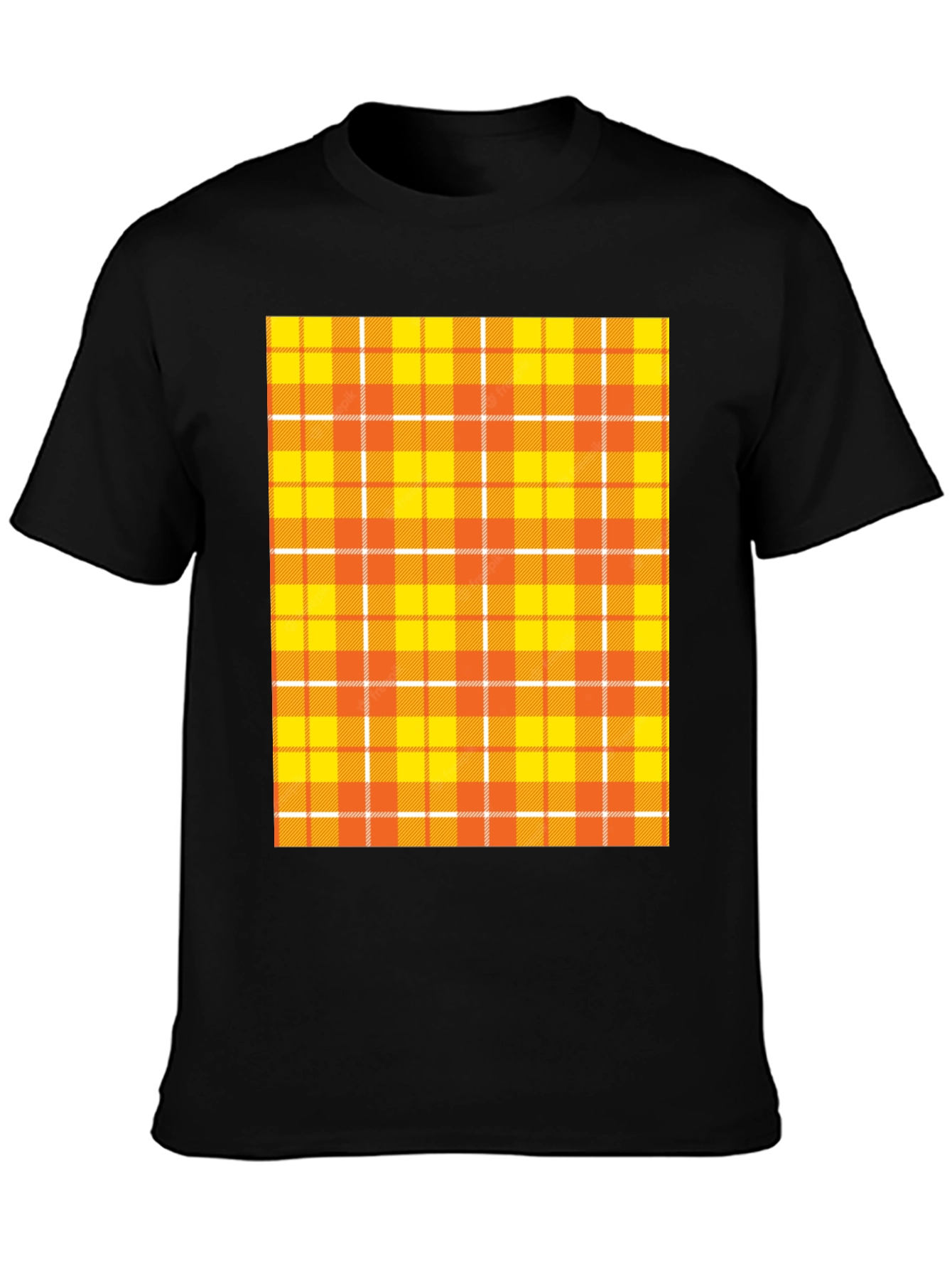 Mens Black Tee with Orange Plaid Design