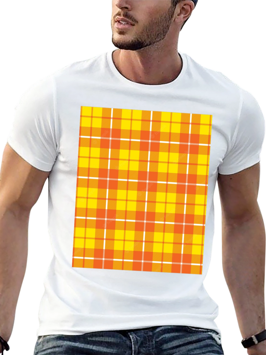 Mens Black Tee with Orange Plaid Design