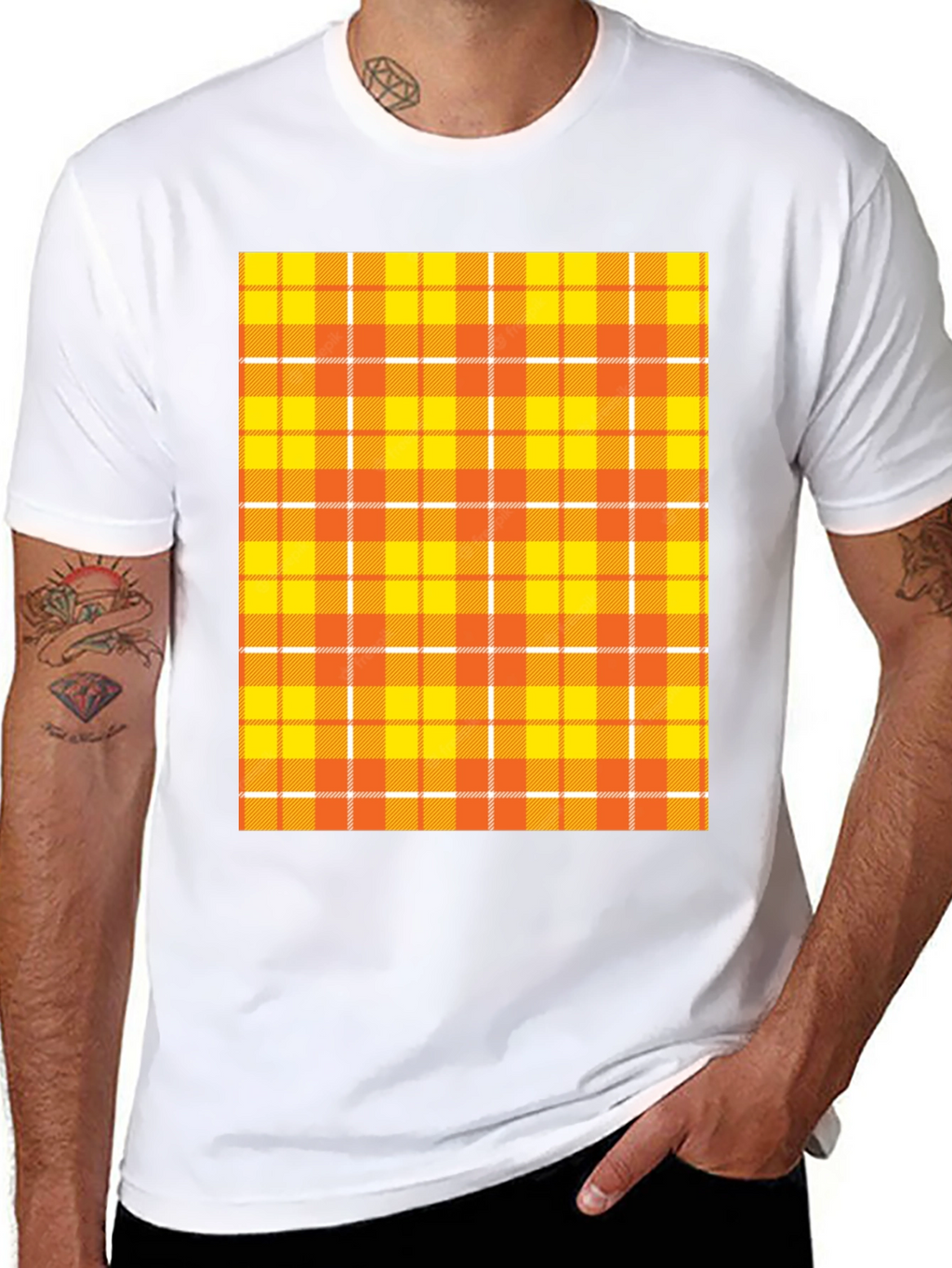 Mens Black Tee with Orange Plaid Design