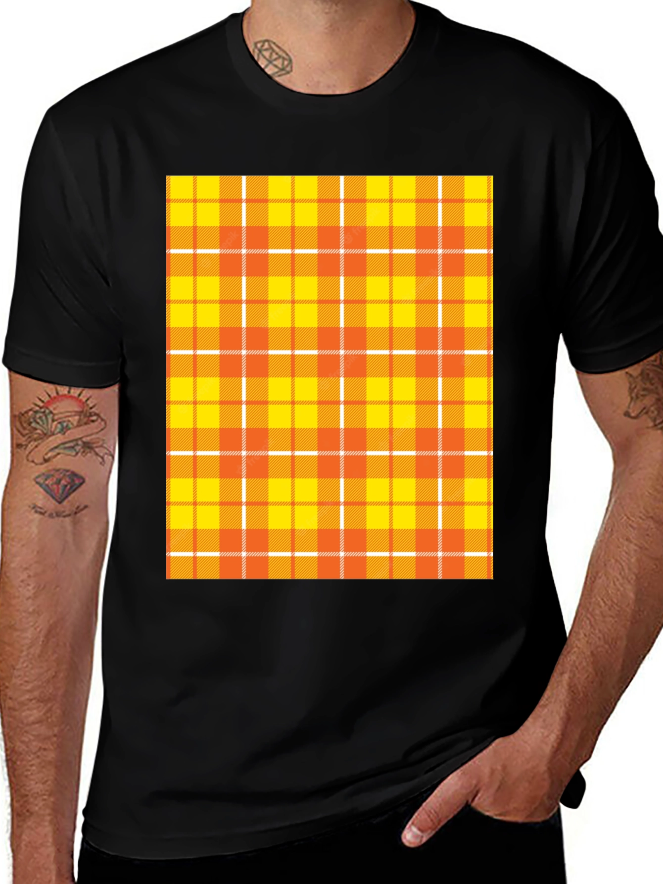 Mens Black Tee with Orange Plaid Design