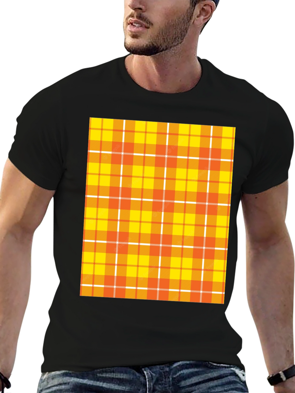 Mens Black Tee with Orange Plaid Design