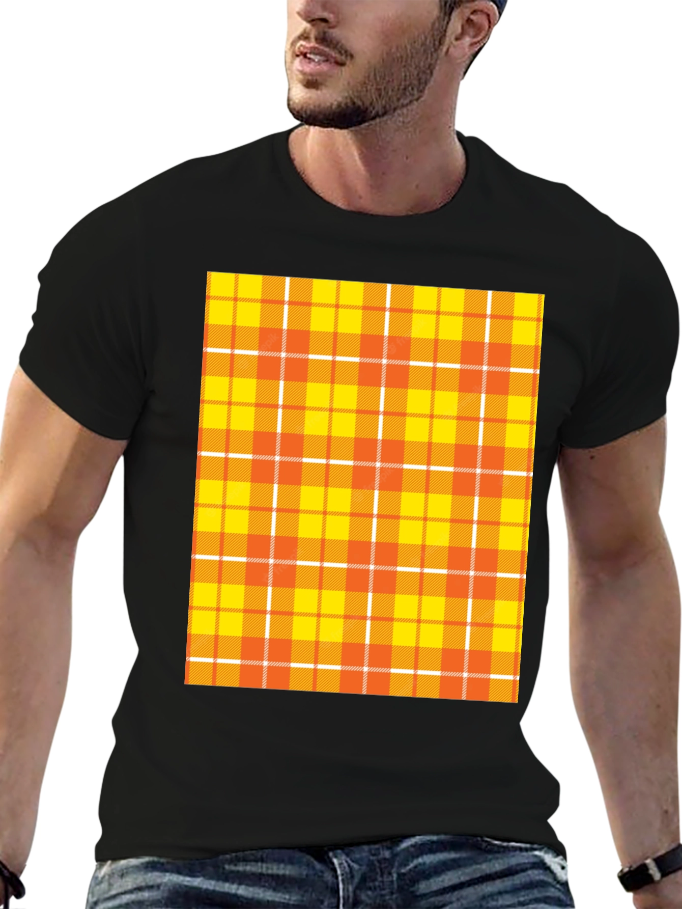 Mens Black Tee with Orange Plaid Design