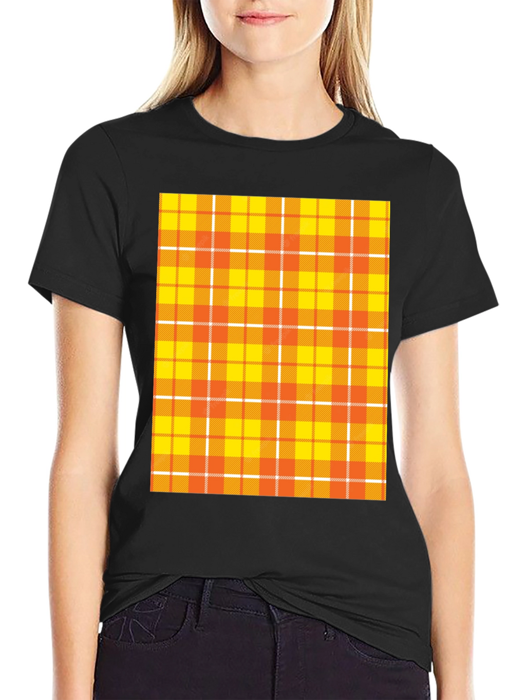 Mens Black Tee with Orange Plaid Design