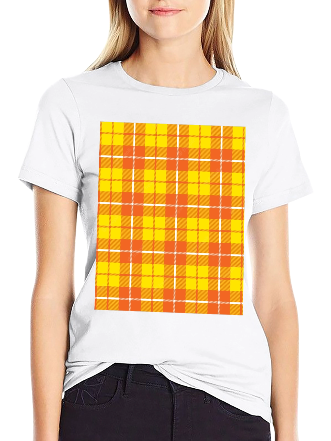 Mens Black Tee with Orange Plaid Design