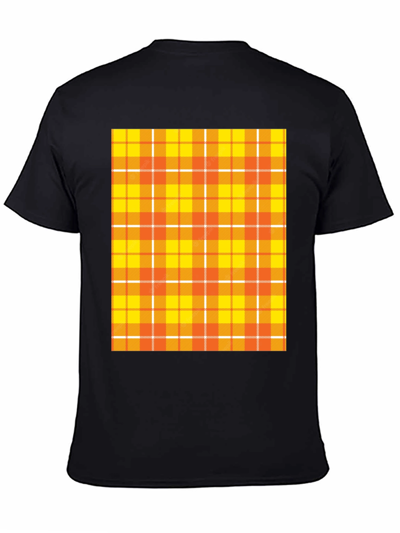 Mens Black Tee with Orange Plaid Design