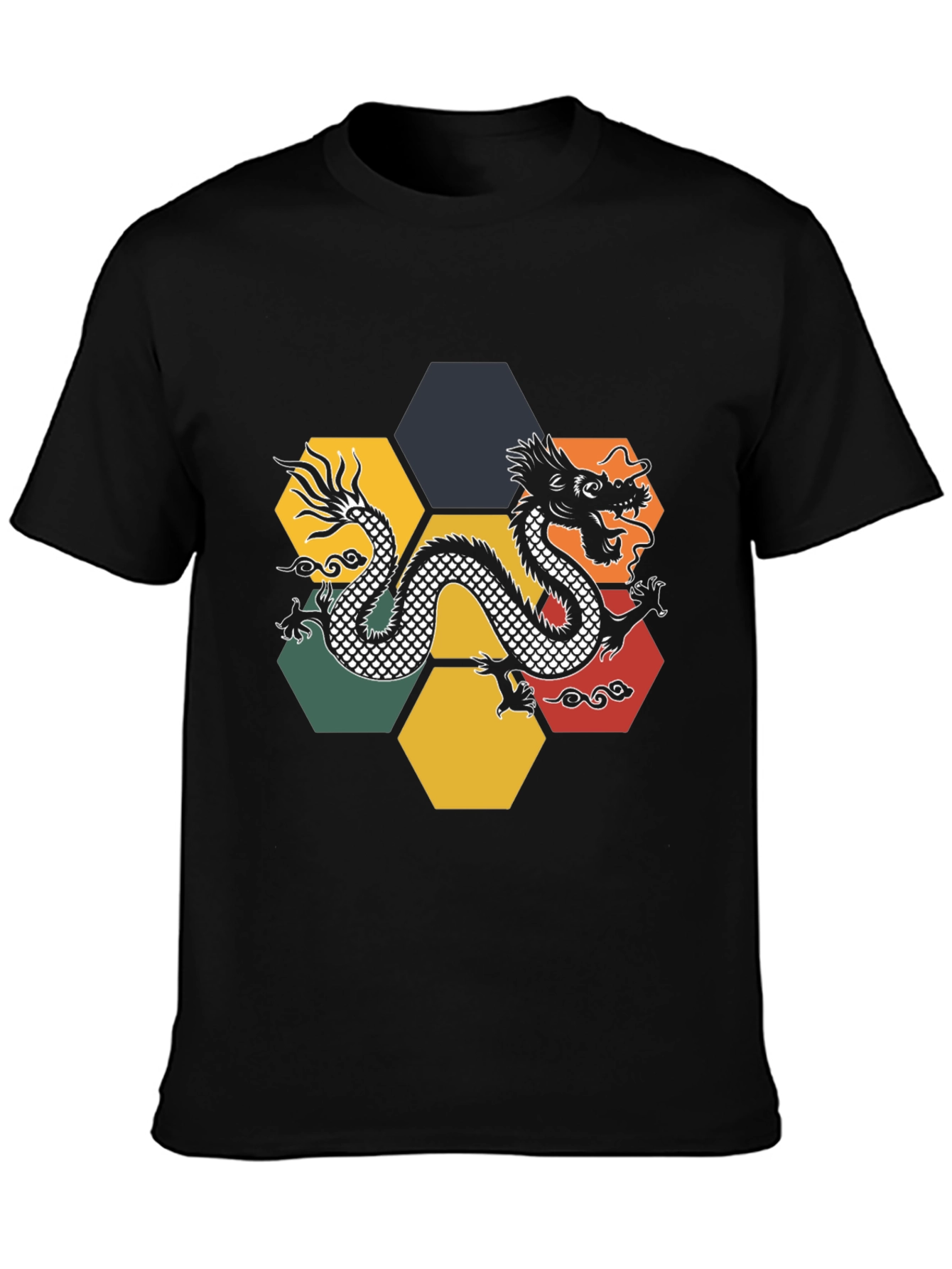 Dragon Hexagon Graphic Tee - Black Cotton T-Shirt