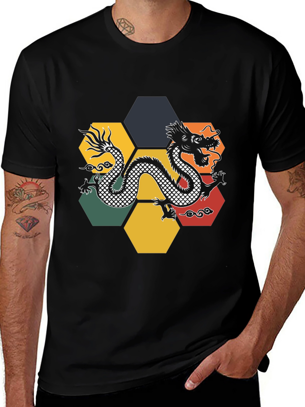 Dragon Hexagon Graphic Tee - Black Cotton T-Shirt