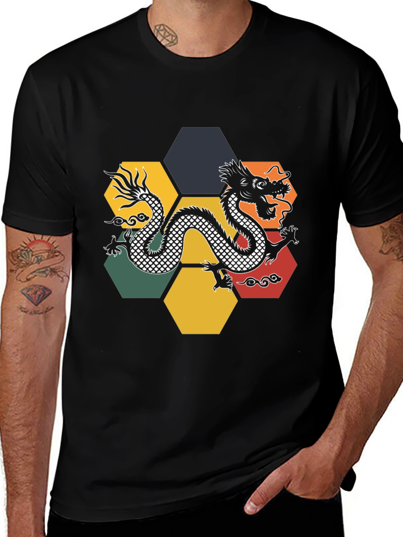 Dragon Hexagon Graphic Tee - Black Cotton T-Shirt