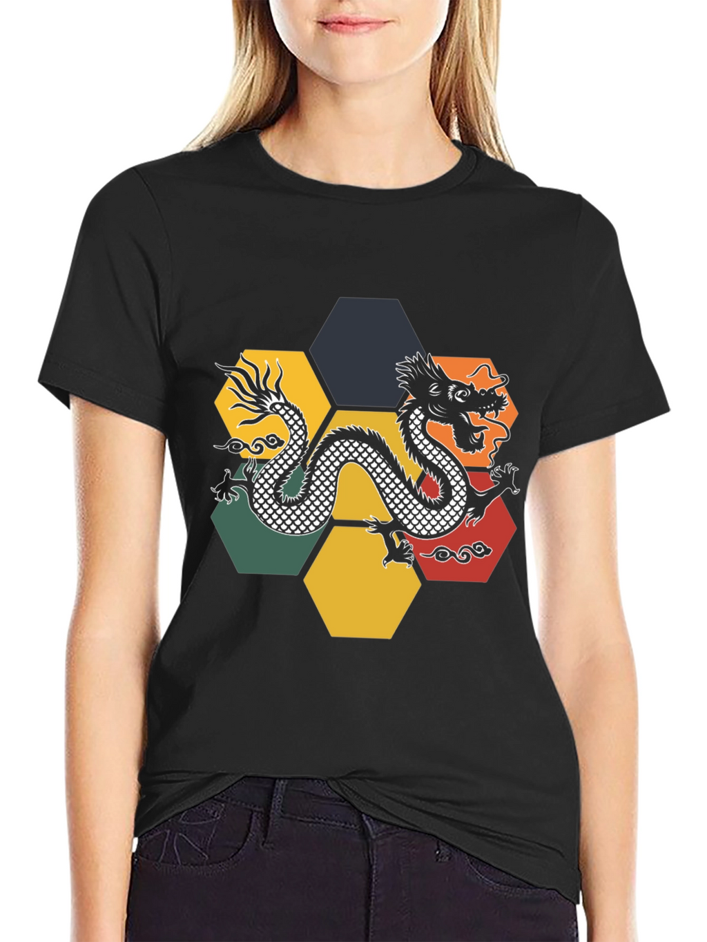 Dragon Hexagon Graphic Tee - Black Cotton T-Shirt
