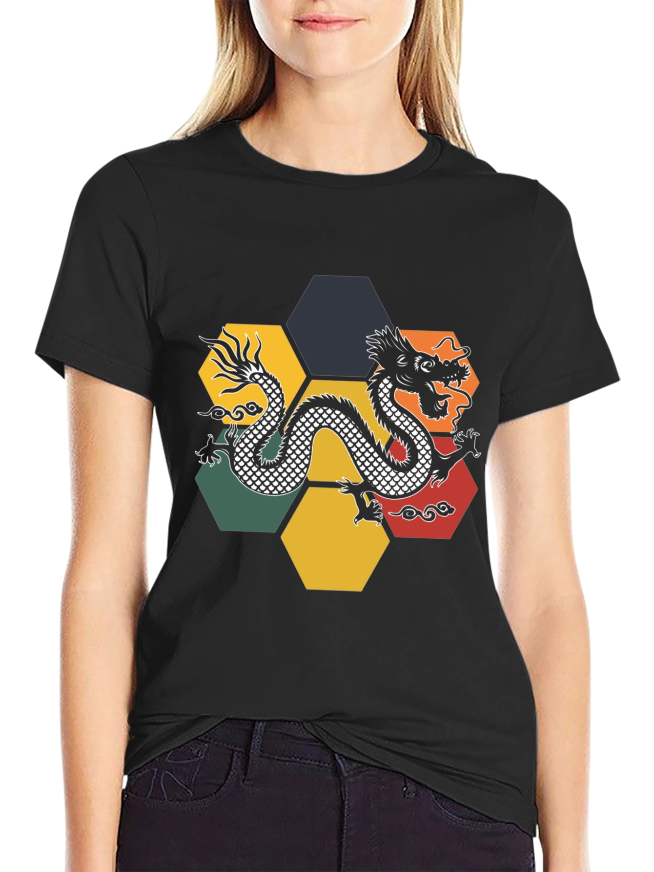 Dragon Hexagon Graphic Tee - Black Cotton T-Shirt