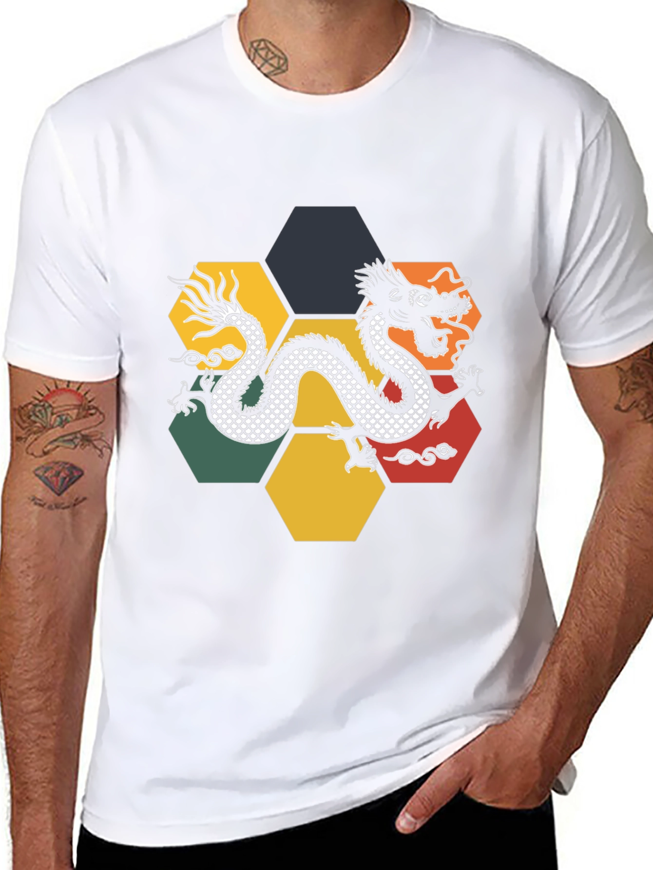 Dragon Hexagon Graphic Tee - Black Cotton T-Shirt