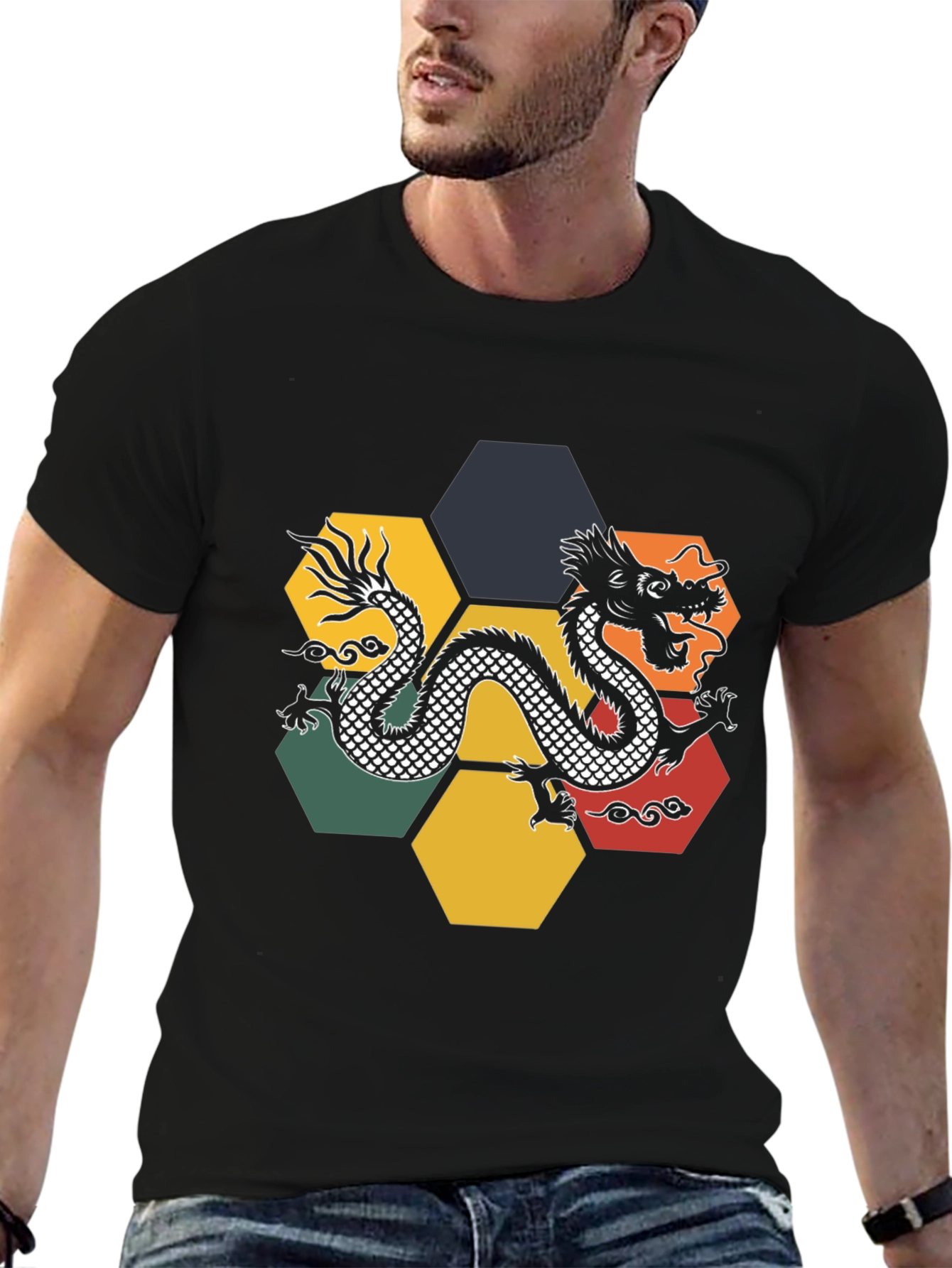 Dragon Hexagon Graphic Tee - Black Cotton T-Shirt