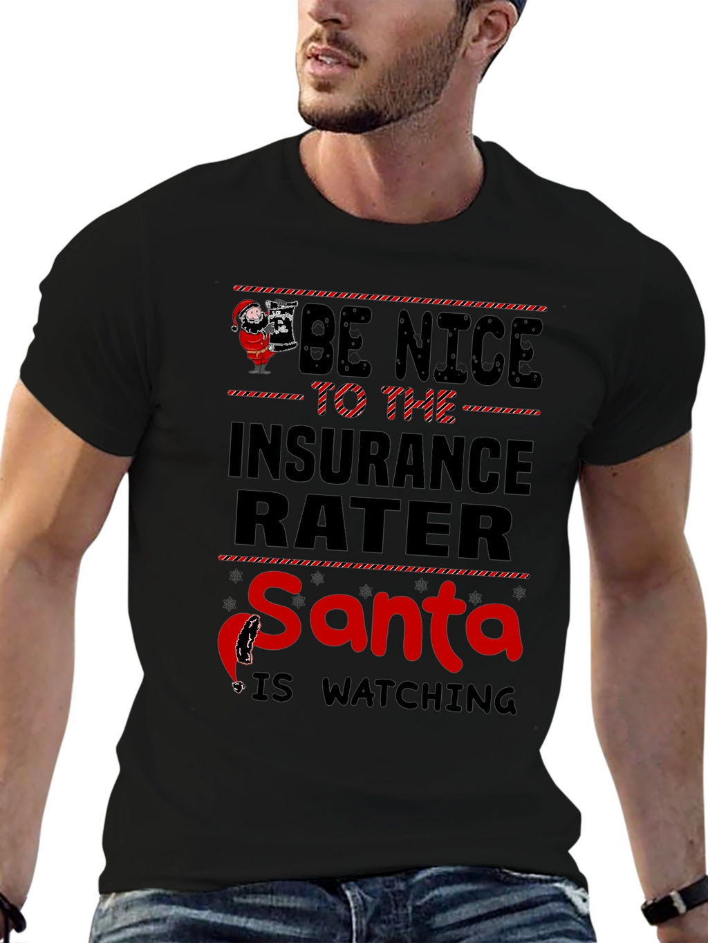 Funny Insurance Rater Santa Watching Graphic T-Shirt