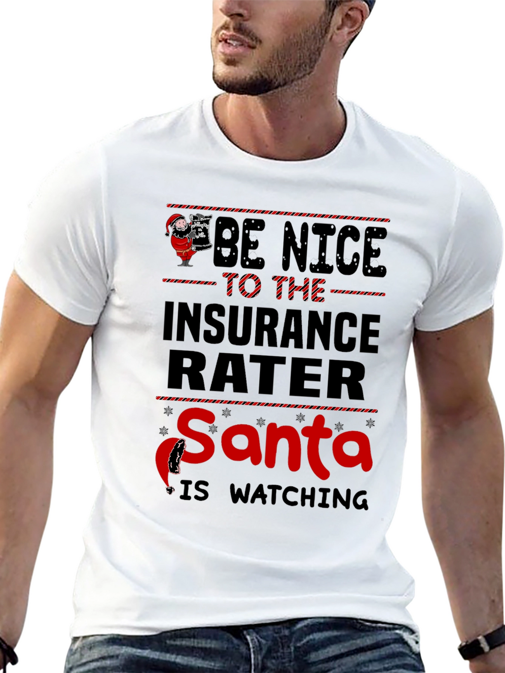 Funny Insurance Rater Santa Watching Graphic T-Shirt