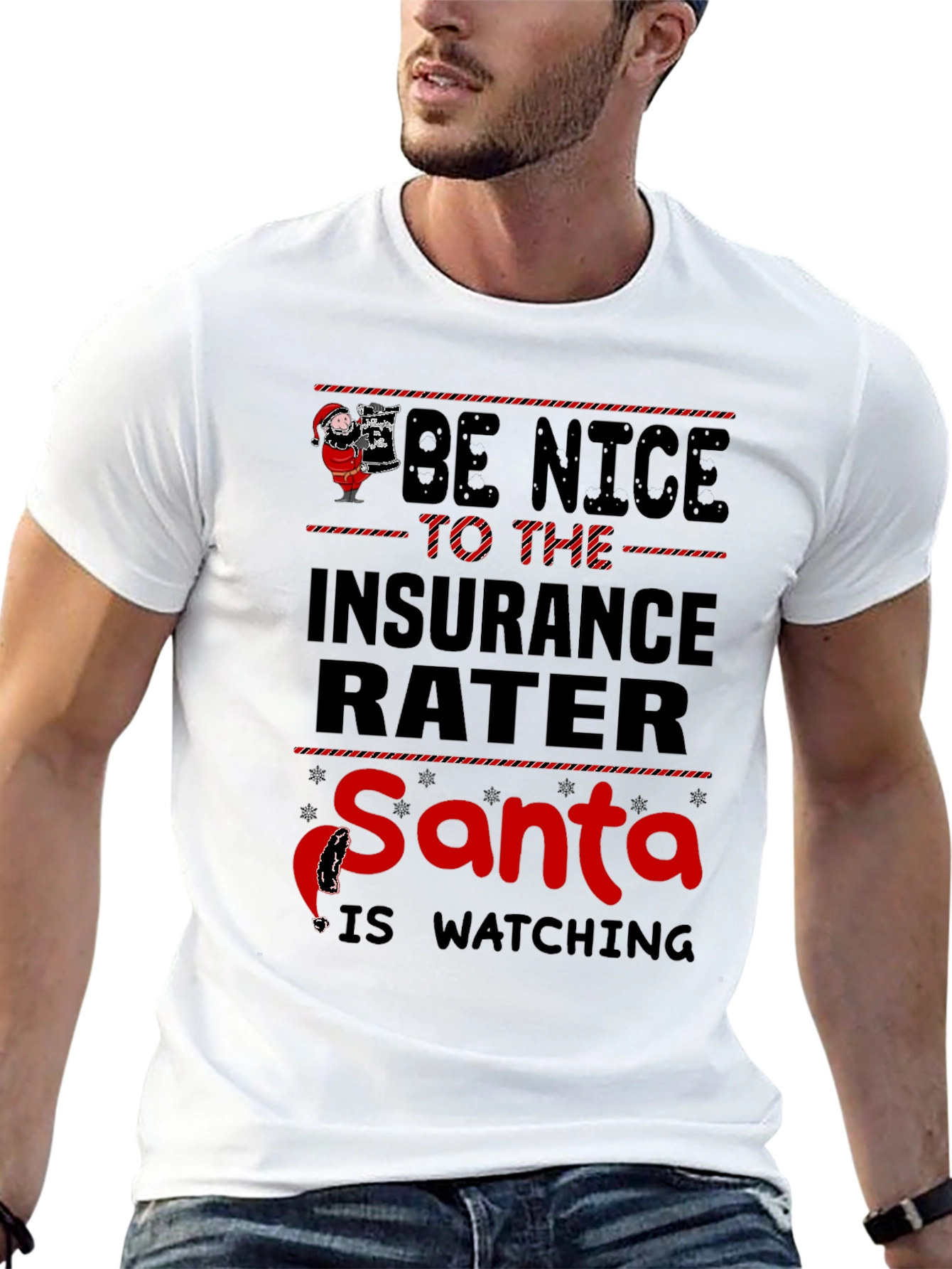 Funny Insurance Rater Santa Watching Graphic T-Shirt