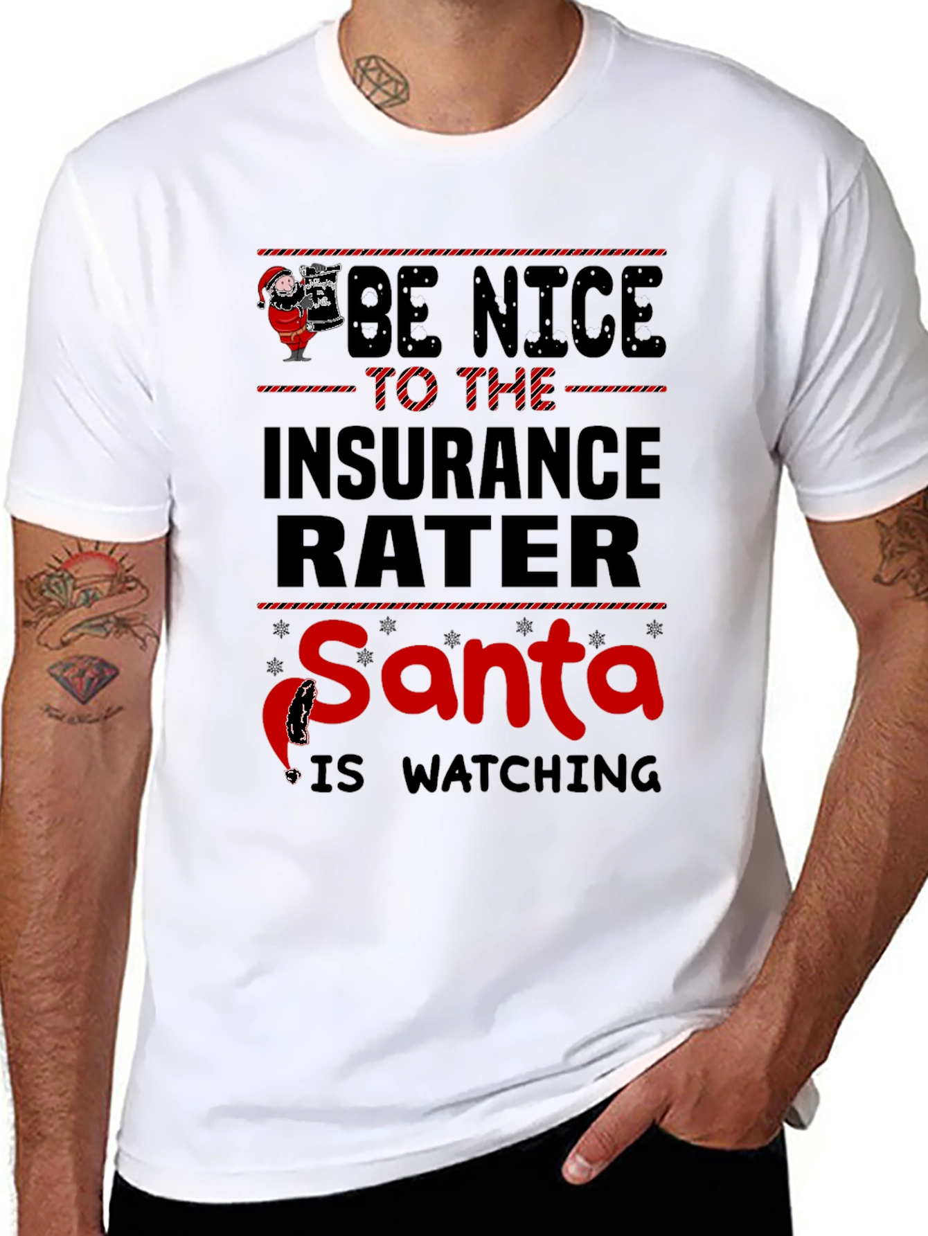 Funny Insurance Rater Santa Watching Graphic T-Shirt