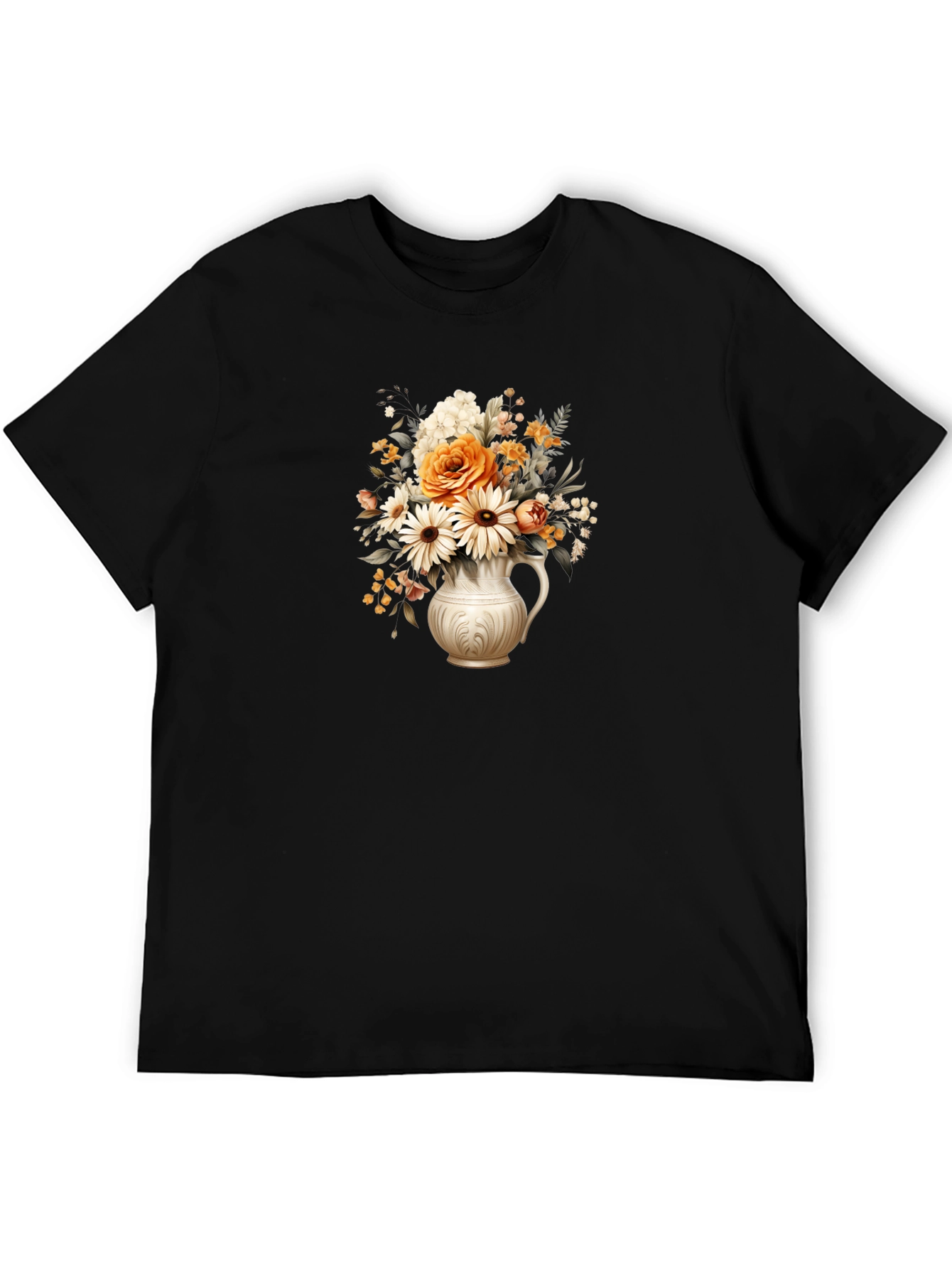 Floral Vase Graphic Tee - Stylish Black T-Shirt