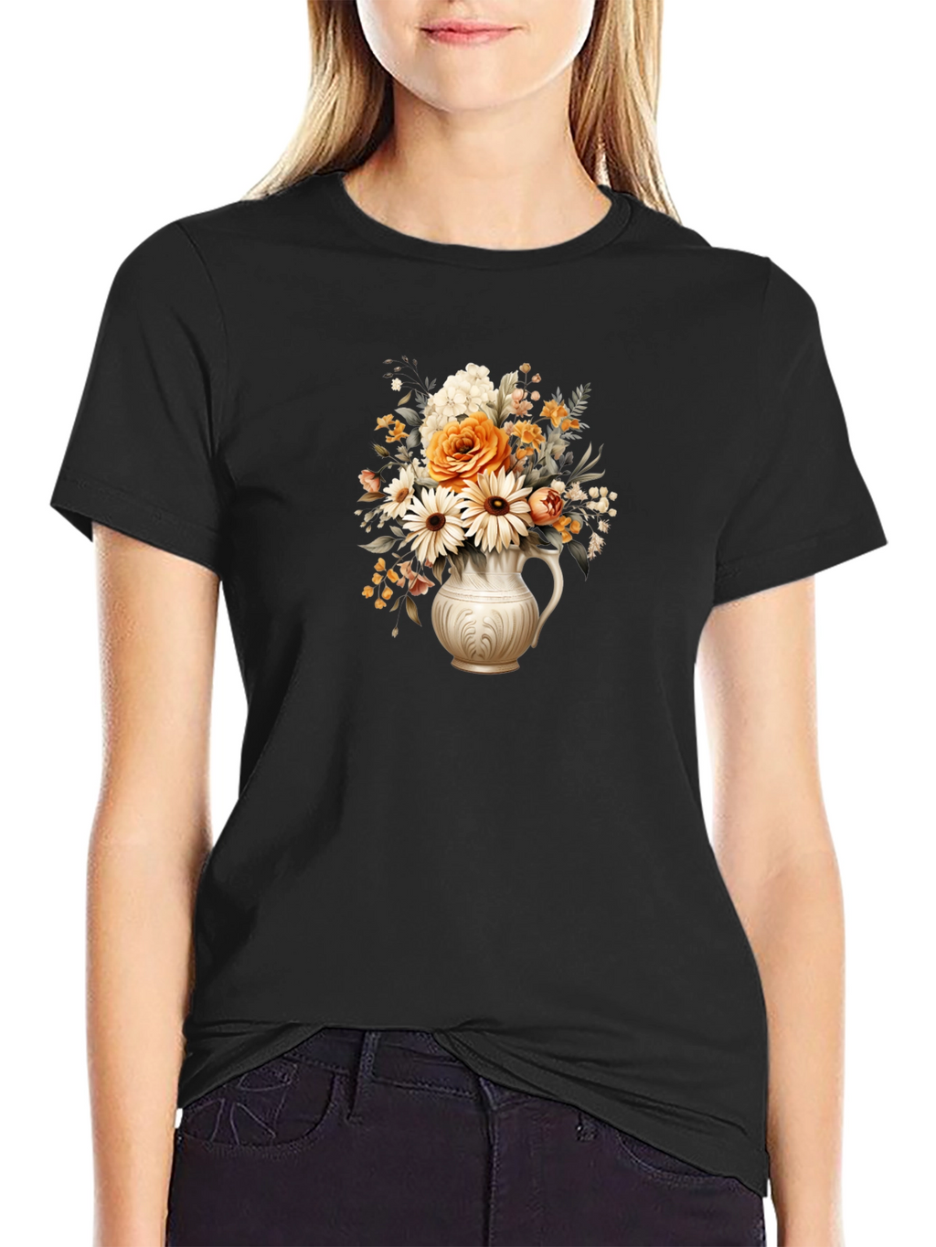 Floral Vase Graphic Tee - Stylish Black T-Shirt
