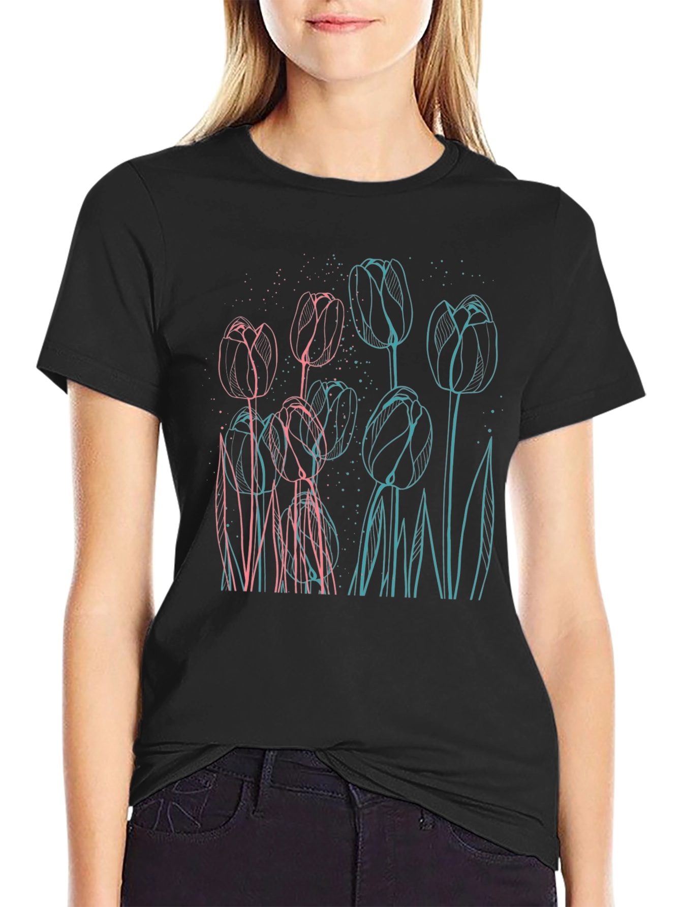 Floral Outline Graphic Tee - Modern Style