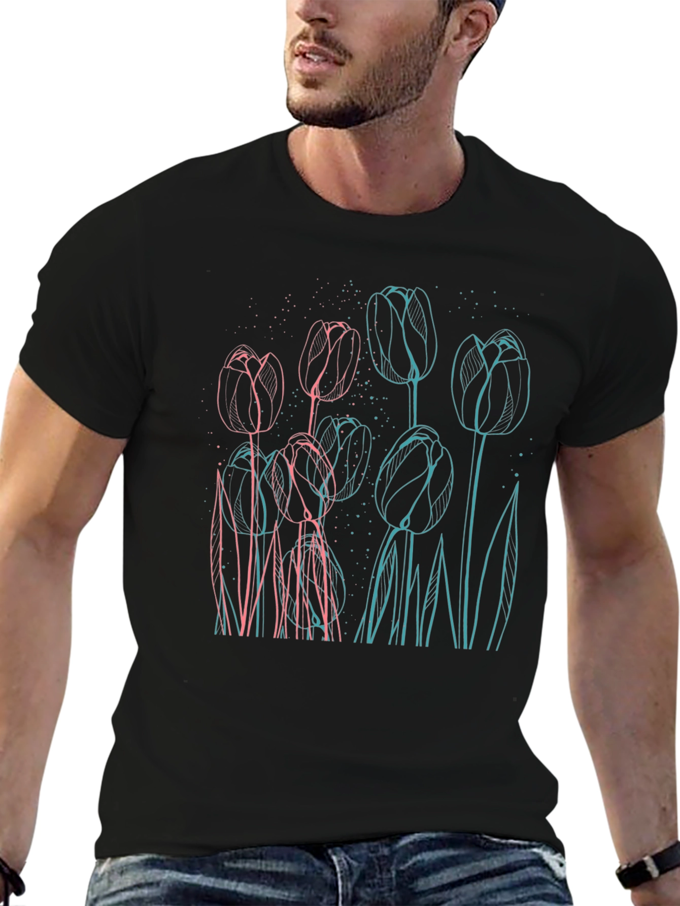 Floral Outline Graphic Tee - Modern Style
