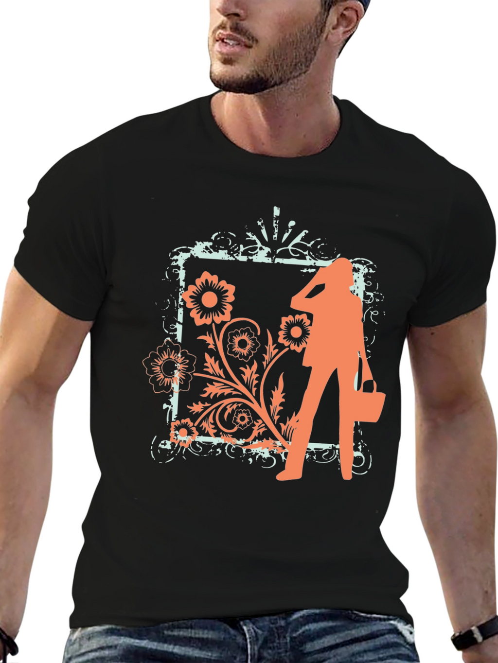 Trendy Black Tee with Fashion Floral Graphic