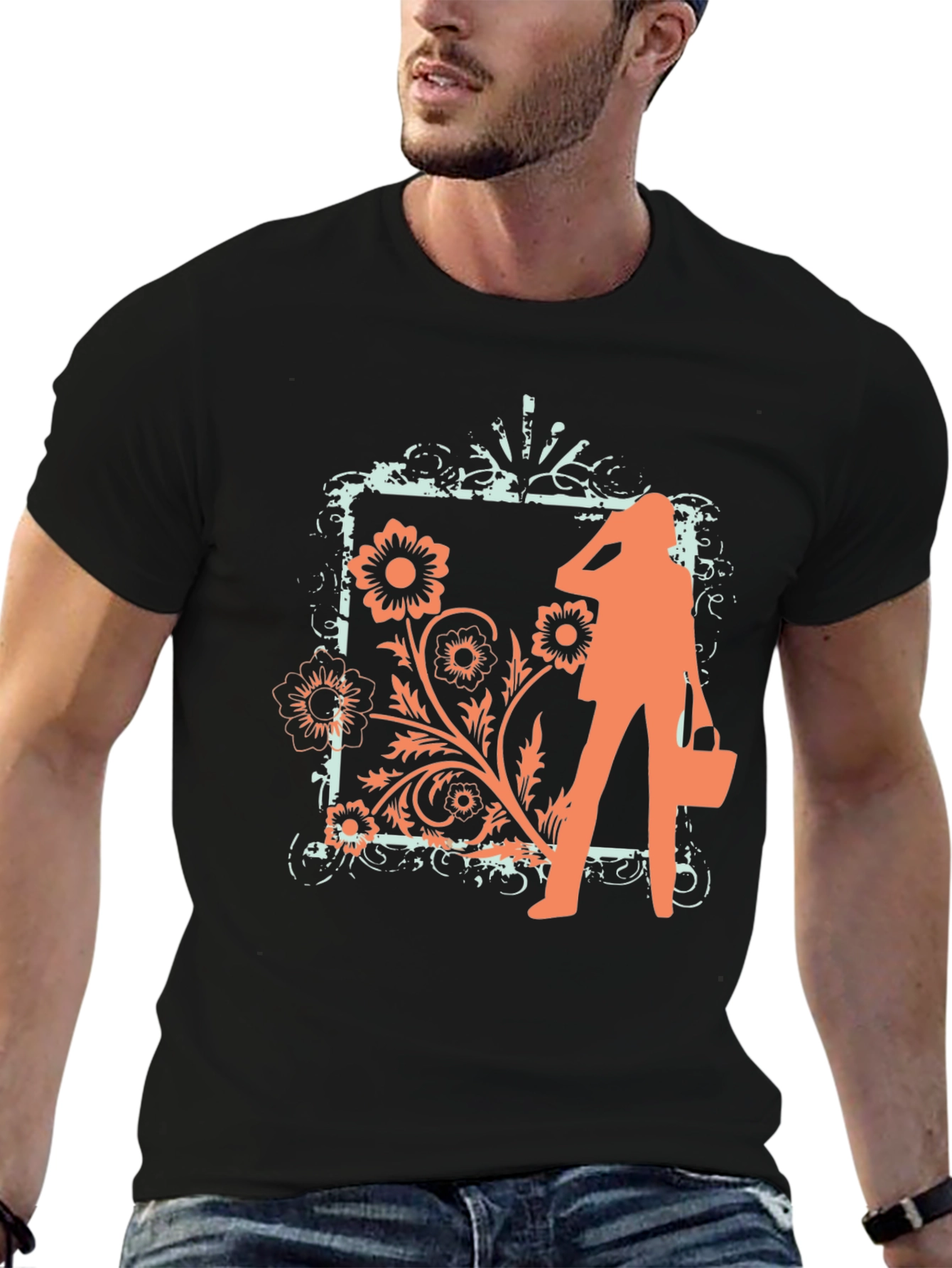 Trendy Black Tee with Fashion Floral Graphic
