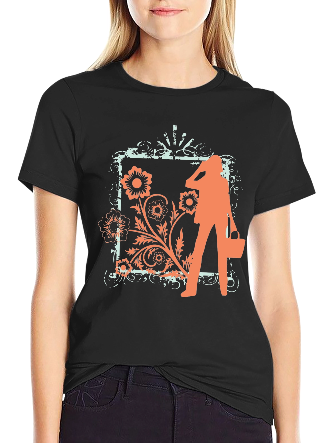 Trendy Black Tee with Fashion Floral Graphic
