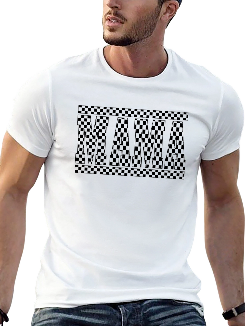 Mama Checkered Print Black Crew Neck T-Shirt