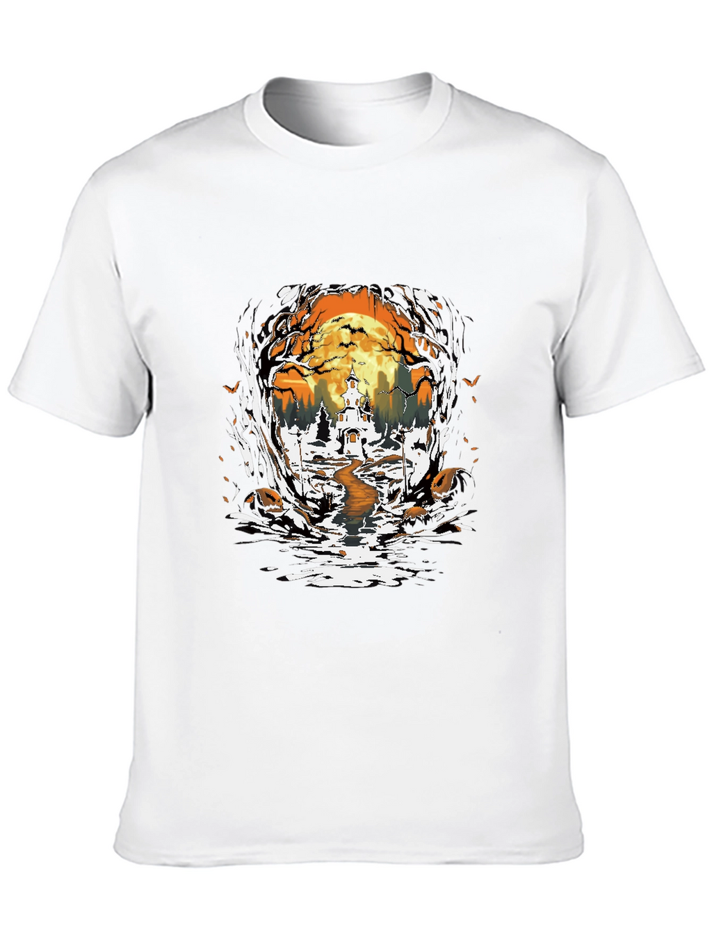 Halloween Graphic Tee: Spooky Haunted House Design