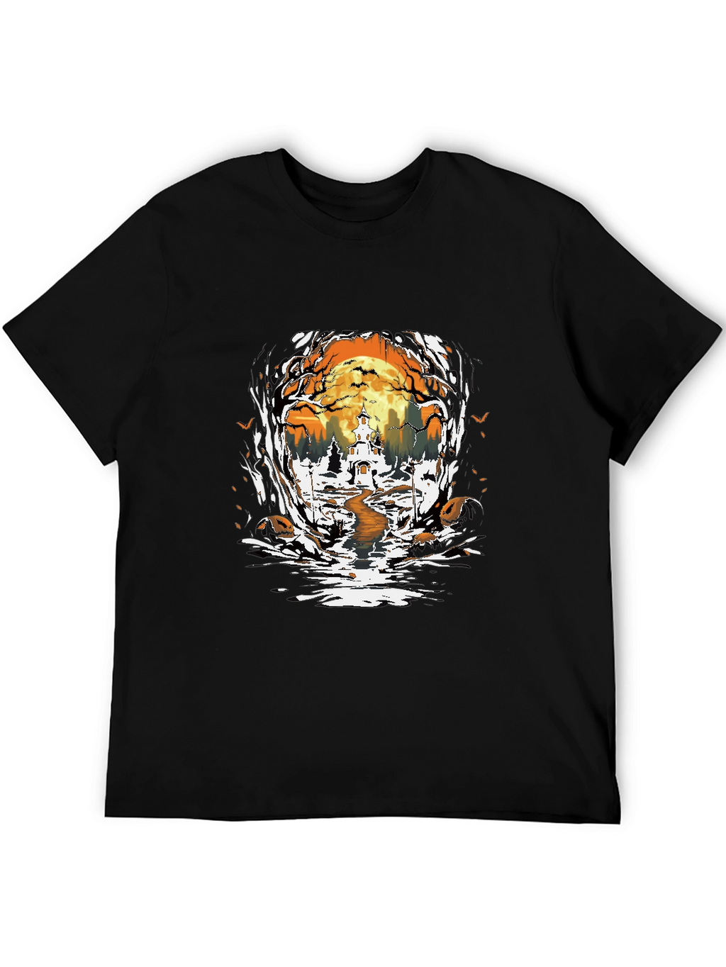 Halloween Graphic Tee: Spooky Haunted House Design