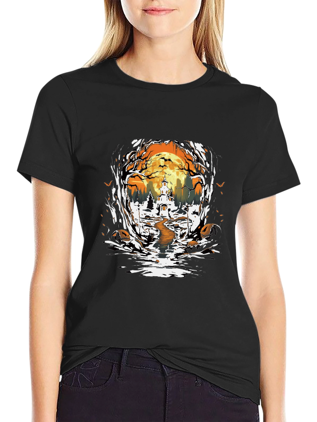 Halloween Graphic Tee: Spooky Haunted House Design