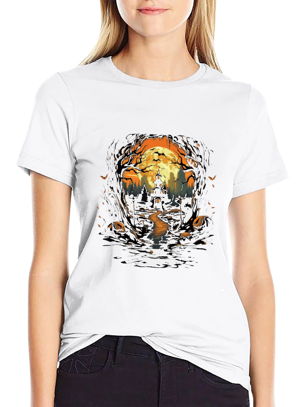 Halloween Graphic Tee: Spooky Haunted House Design