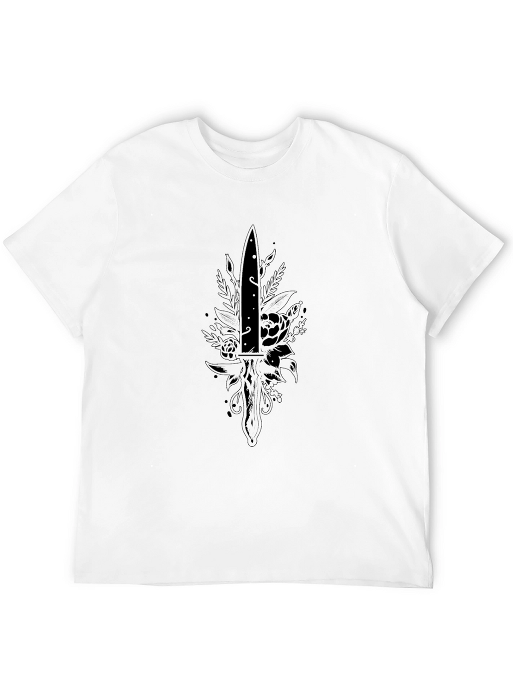 Black T-Shirt with Dagger and Floral Design