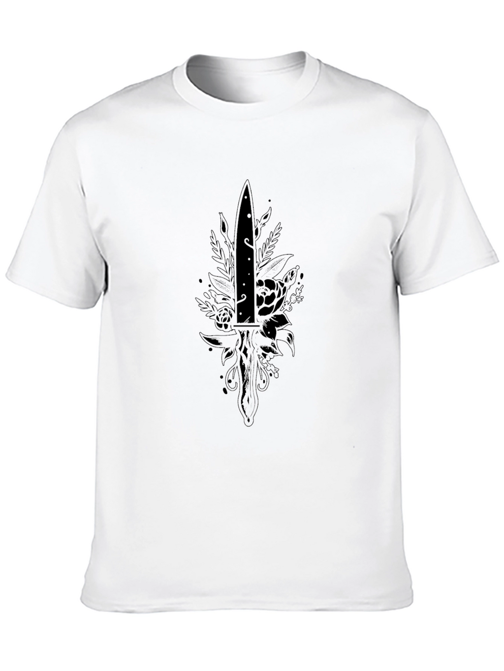 Black T-Shirt with Dagger and Floral Design