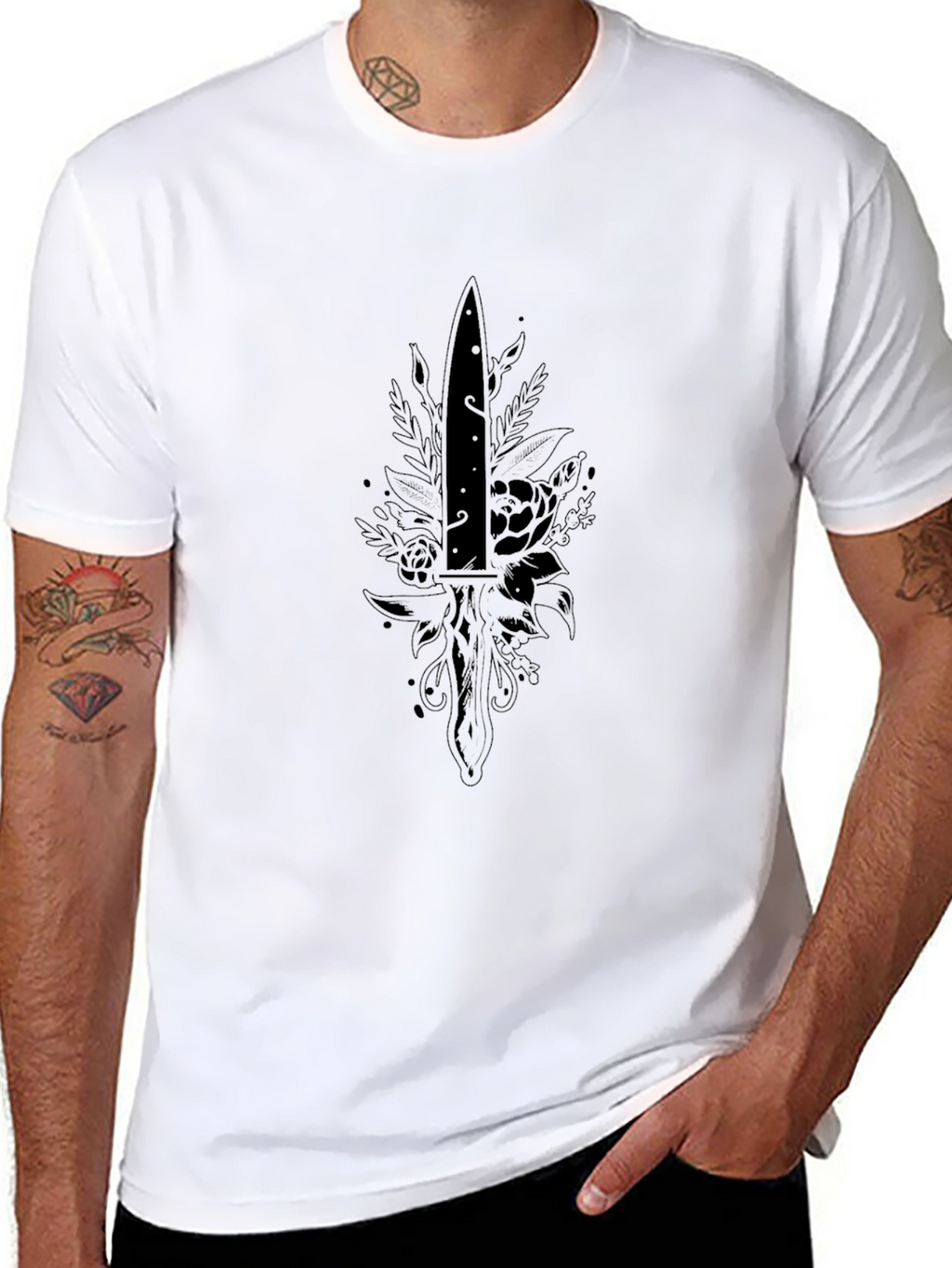 Black T-Shirt with Dagger and Floral Design